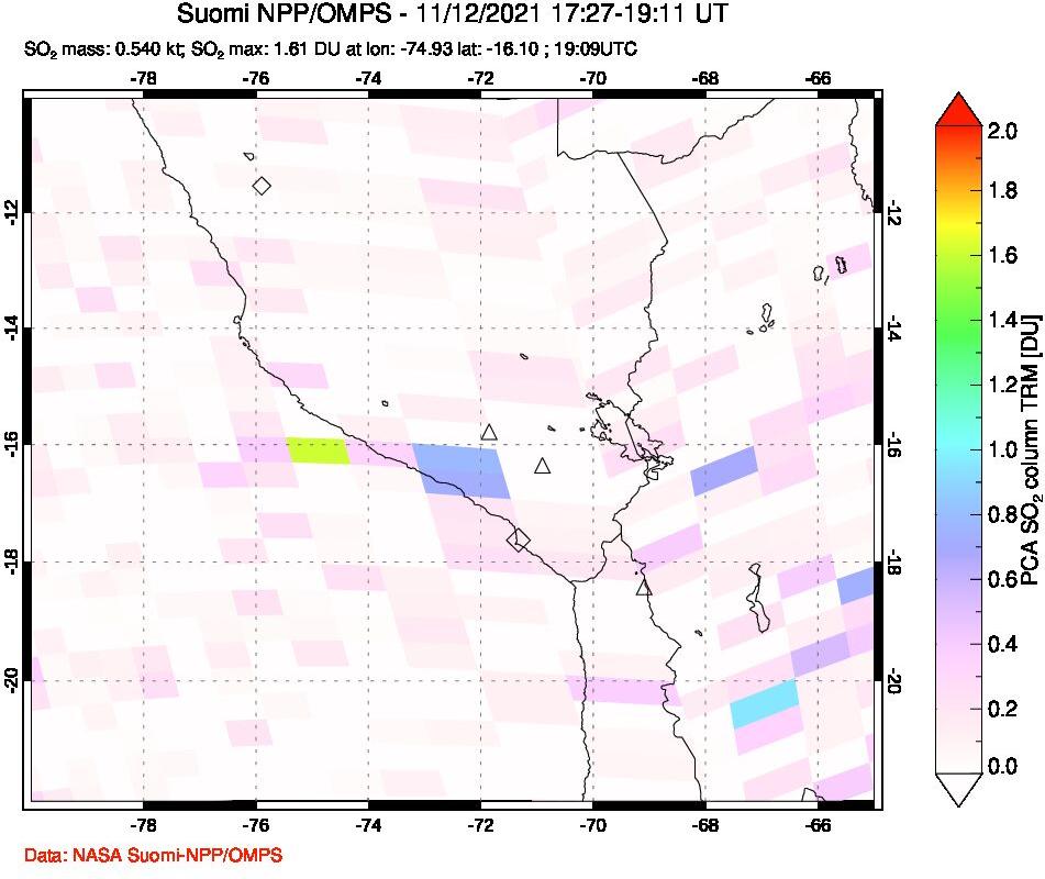 A sulfur dioxide image over Peru on Nov 12, 2021.
