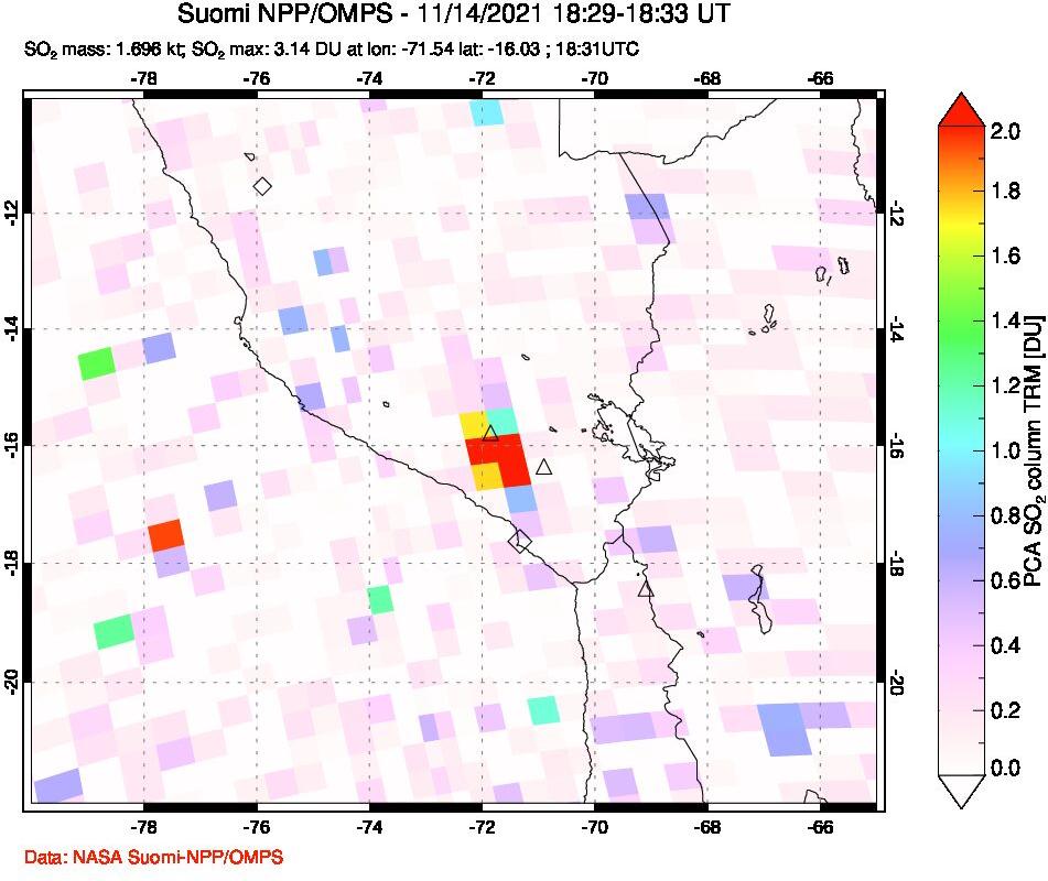 A sulfur dioxide image over Peru on Nov 14, 2021.