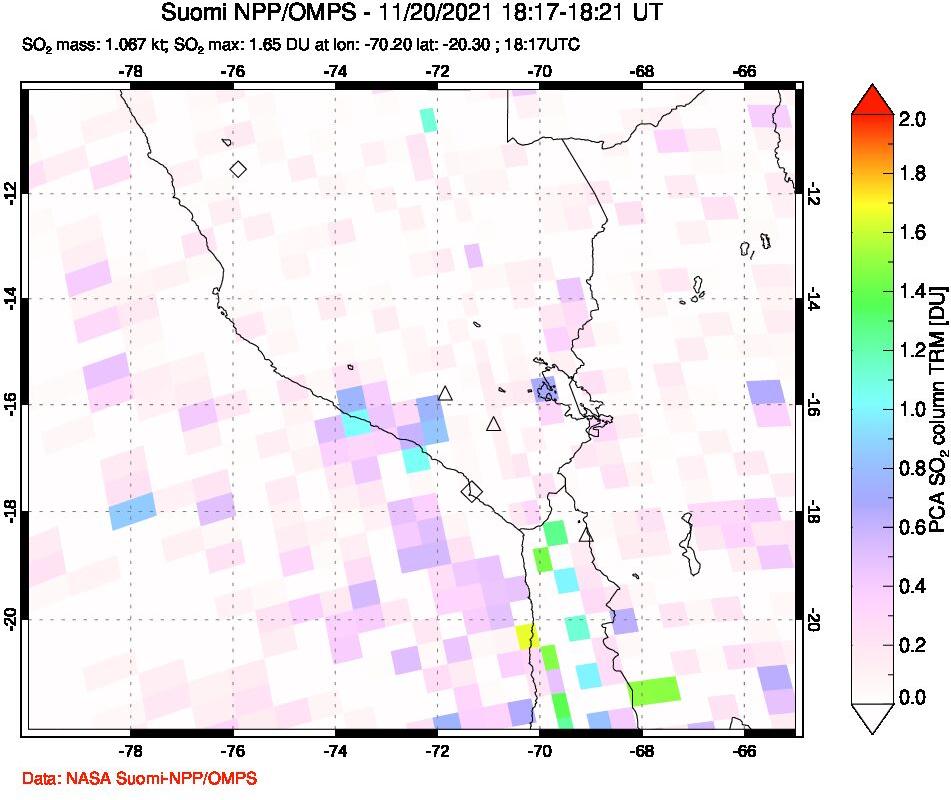 A sulfur dioxide image over Peru on Nov 20, 2021.