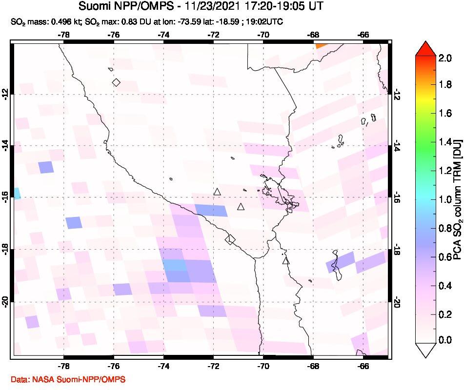A sulfur dioxide image over Peru on Nov 23, 2021.