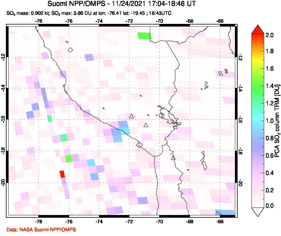 A sulfur dioxide image over Peru on Nov 24, 2021.