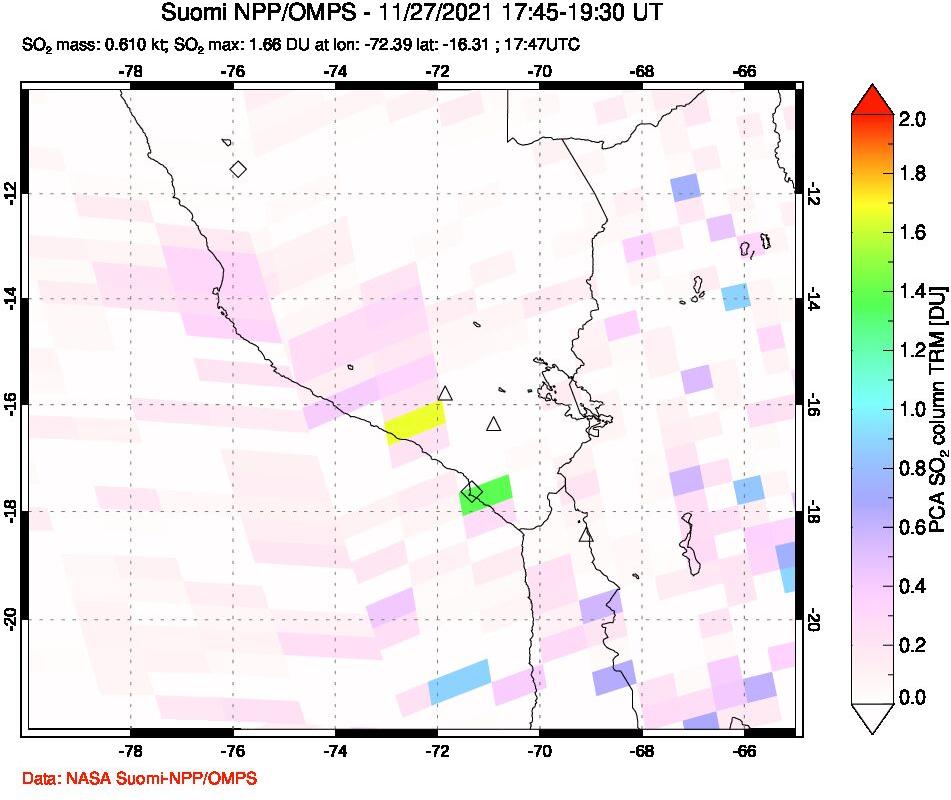 A sulfur dioxide image over Peru on Nov 27, 2021.