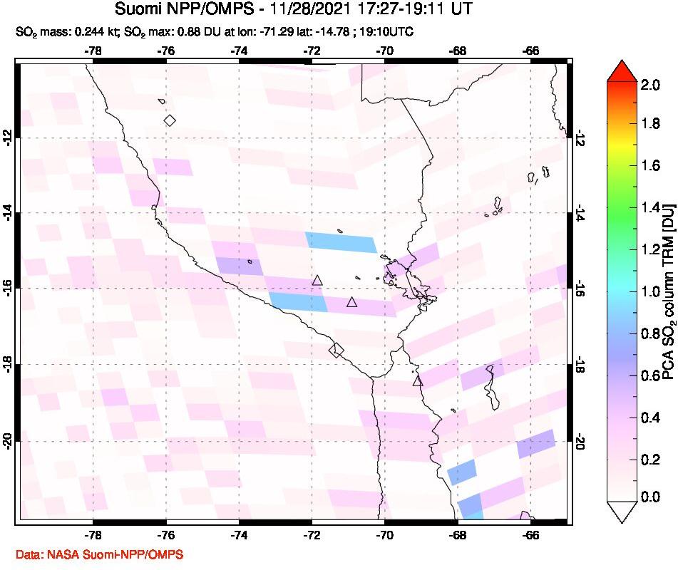 A sulfur dioxide image over Peru on Nov 28, 2021.