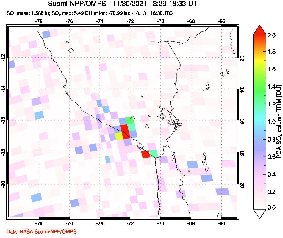 A sulfur dioxide image over Peru on Nov 30, 2021.