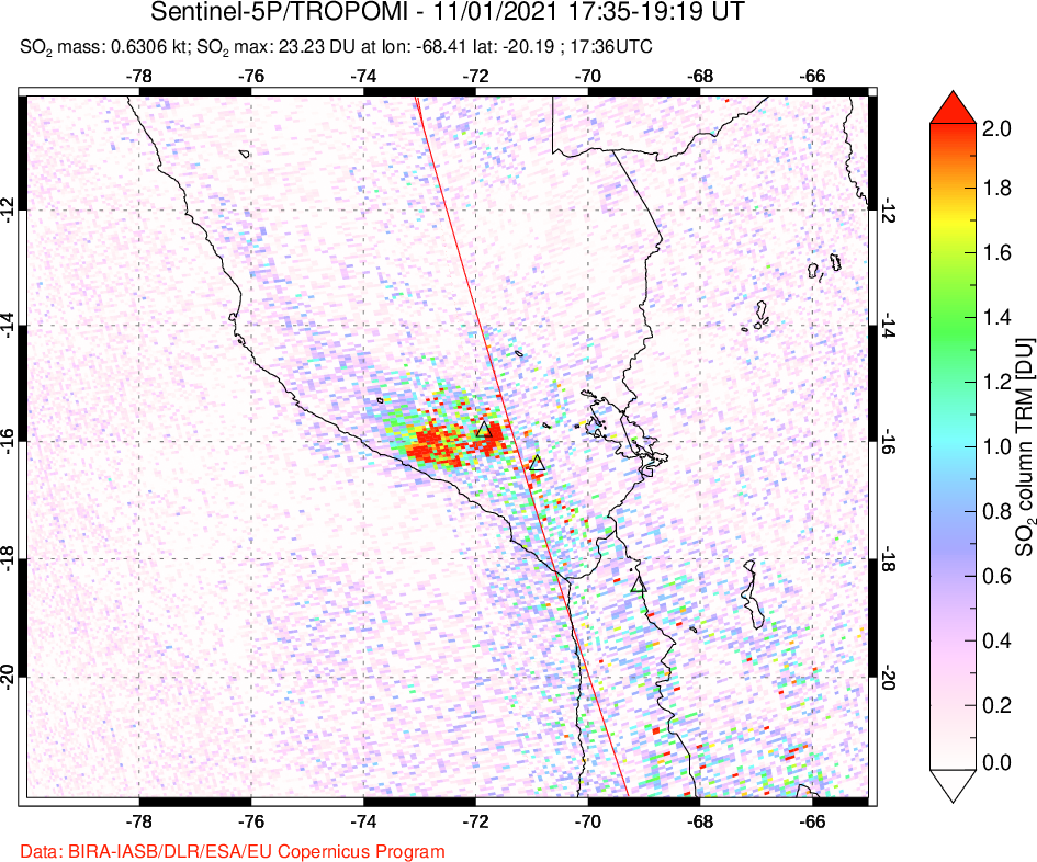 A sulfur dioxide image over Peru on Nov 01, 2021.