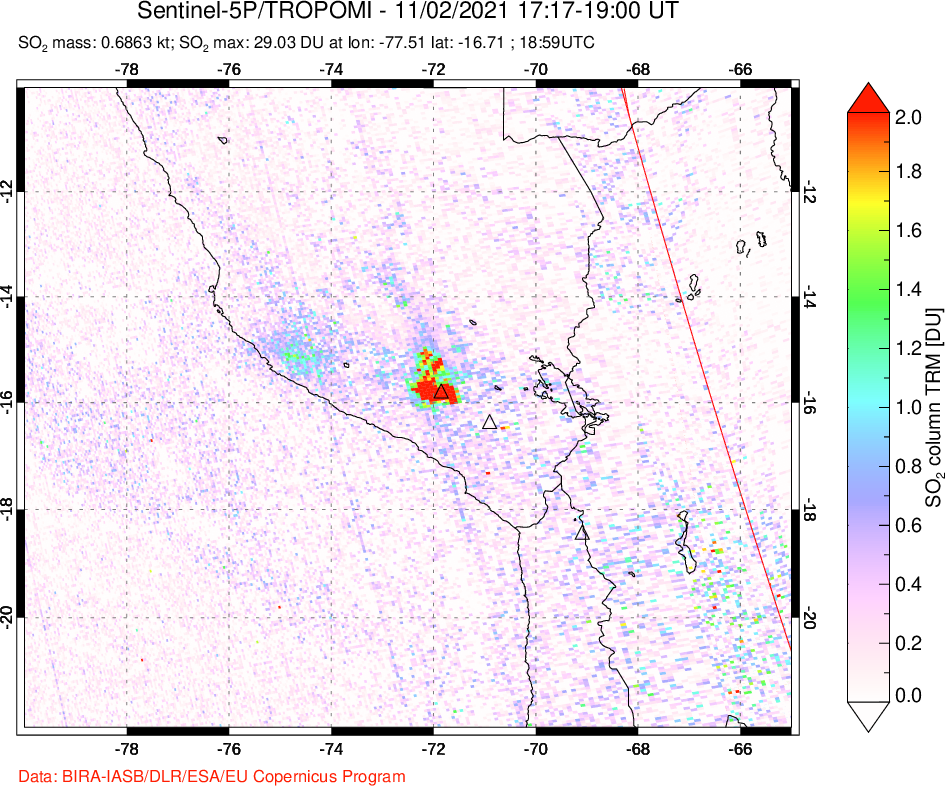 A sulfur dioxide image over Peru on Nov 02, 2021.