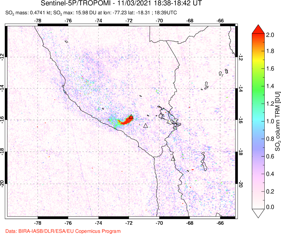 A sulfur dioxide image over Peru on Nov 03, 2021.