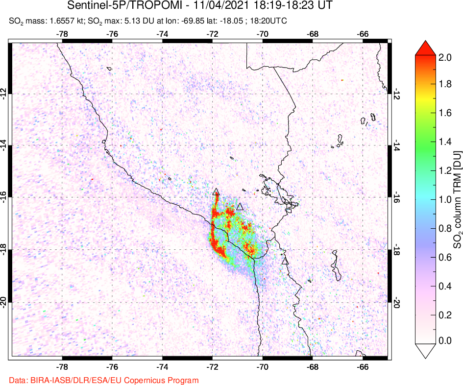 A sulfur dioxide image over Peru on Nov 04, 2021.