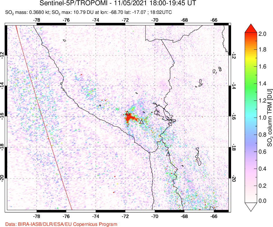 A sulfur dioxide image over Peru on Nov 05, 2021.