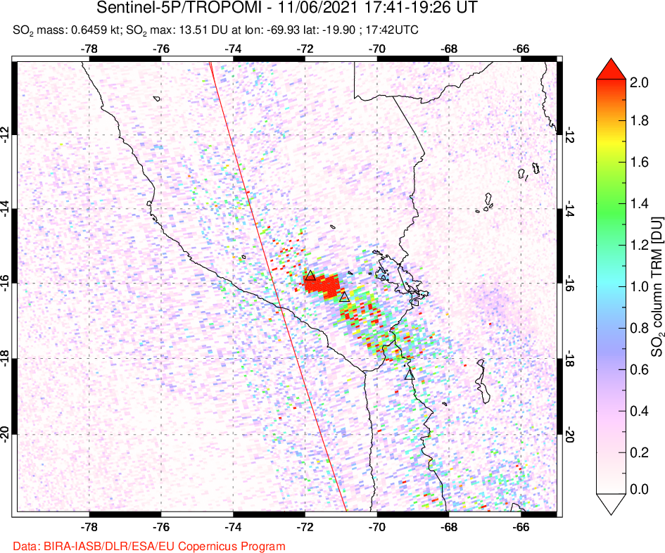 A sulfur dioxide image over Peru on Nov 06, 2021.