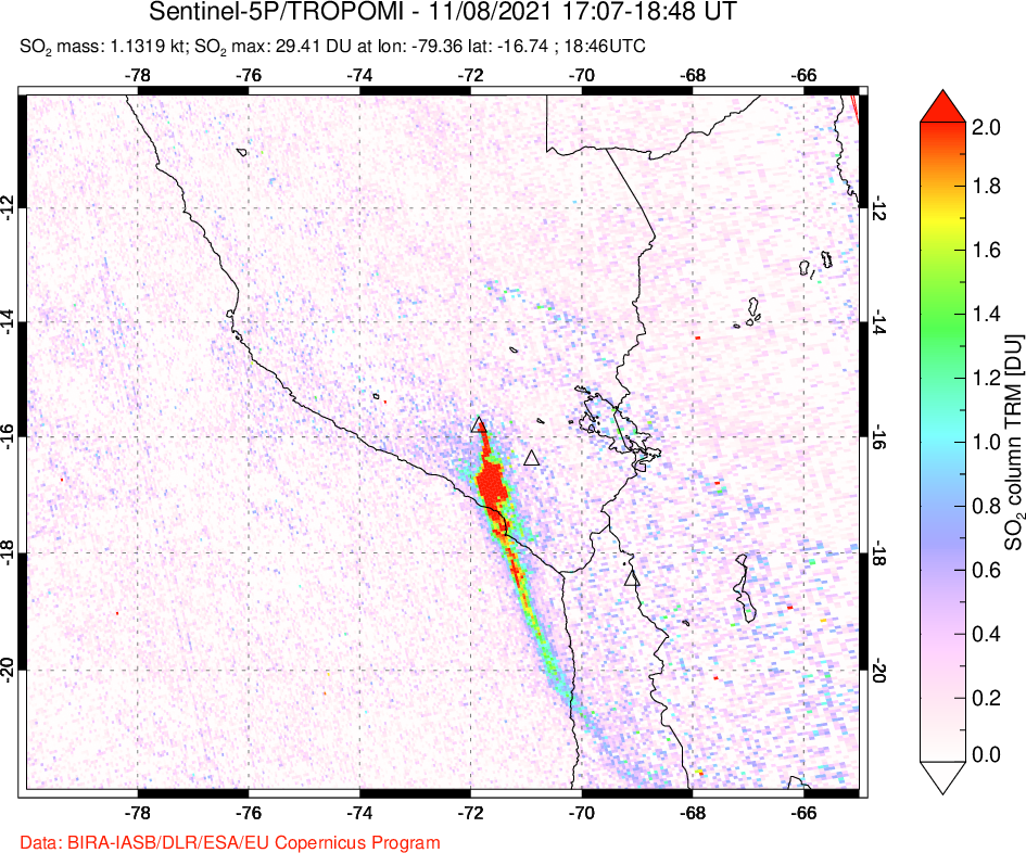 A sulfur dioxide image over Peru on Nov 08, 2021.