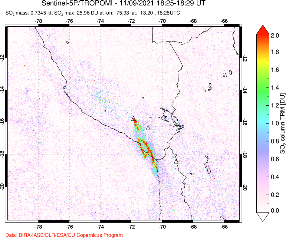 A sulfur dioxide image over Peru on Nov 09, 2021.