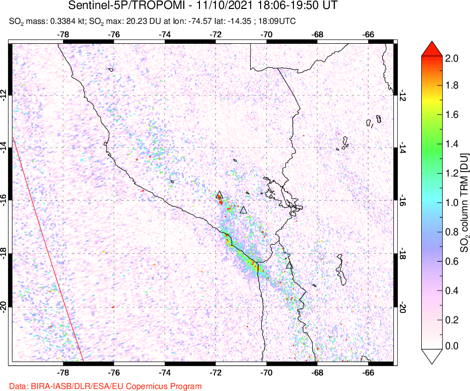 A sulfur dioxide image over Peru on Nov 10, 2021.