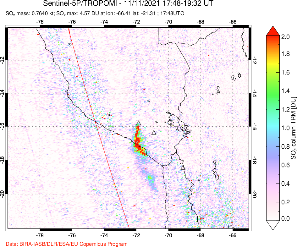 A sulfur dioxide image over Peru on Nov 11, 2021.