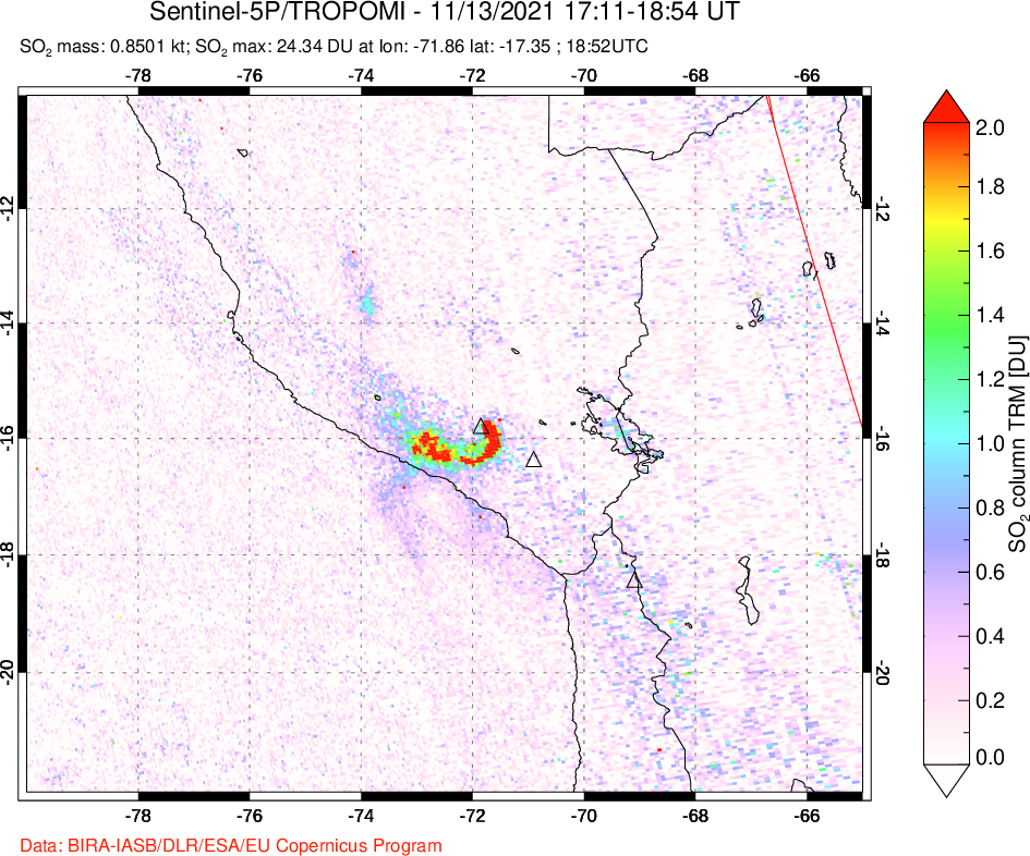 A sulfur dioxide image over Peru on Nov 13, 2021.