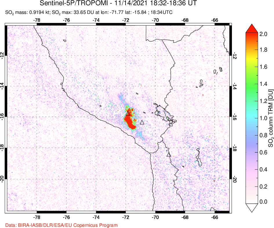 A sulfur dioxide image over Peru on Nov 14, 2021.
