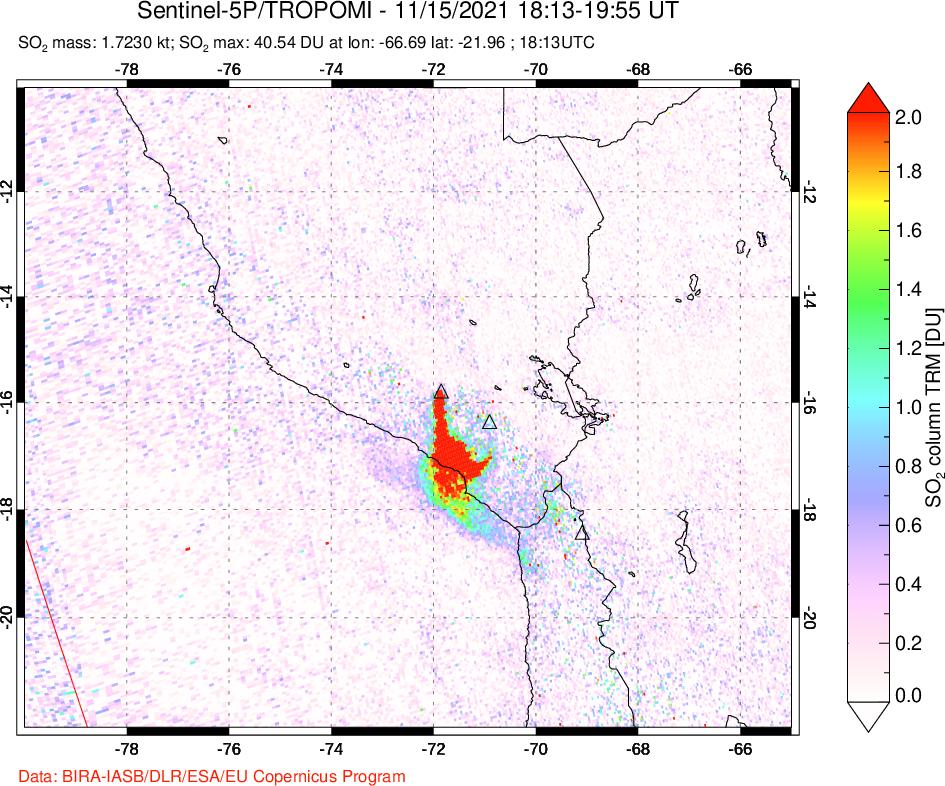 A sulfur dioxide image over Peru on Nov 15, 2021.