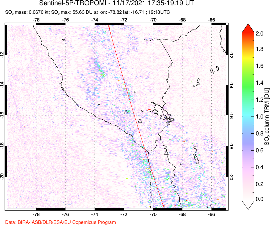 A sulfur dioxide image over Peru on Nov 17, 2021.