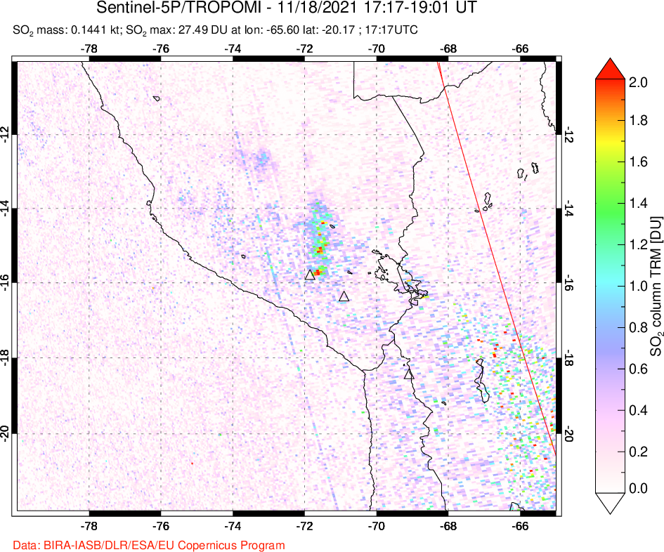 A sulfur dioxide image over Peru on Nov 18, 2021.