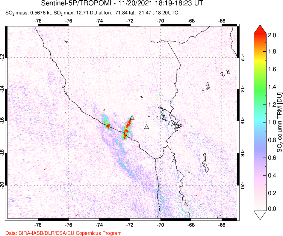 A sulfur dioxide image over Peru on Nov 20, 2021.