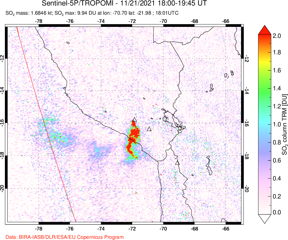 A sulfur dioxide image over Peru on Nov 21, 2021.