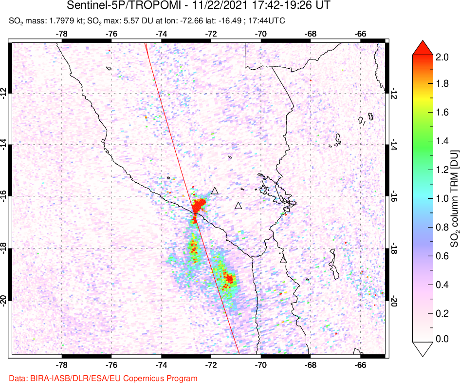 A sulfur dioxide image over Peru on Nov 22, 2021.