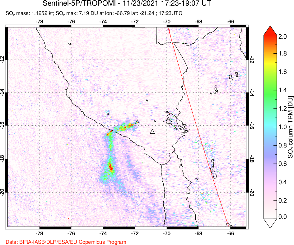A sulfur dioxide image over Peru on Nov 23, 2021.