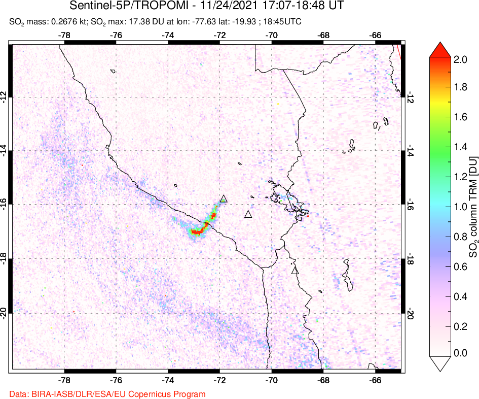 A sulfur dioxide image over Peru on Nov 24, 2021.