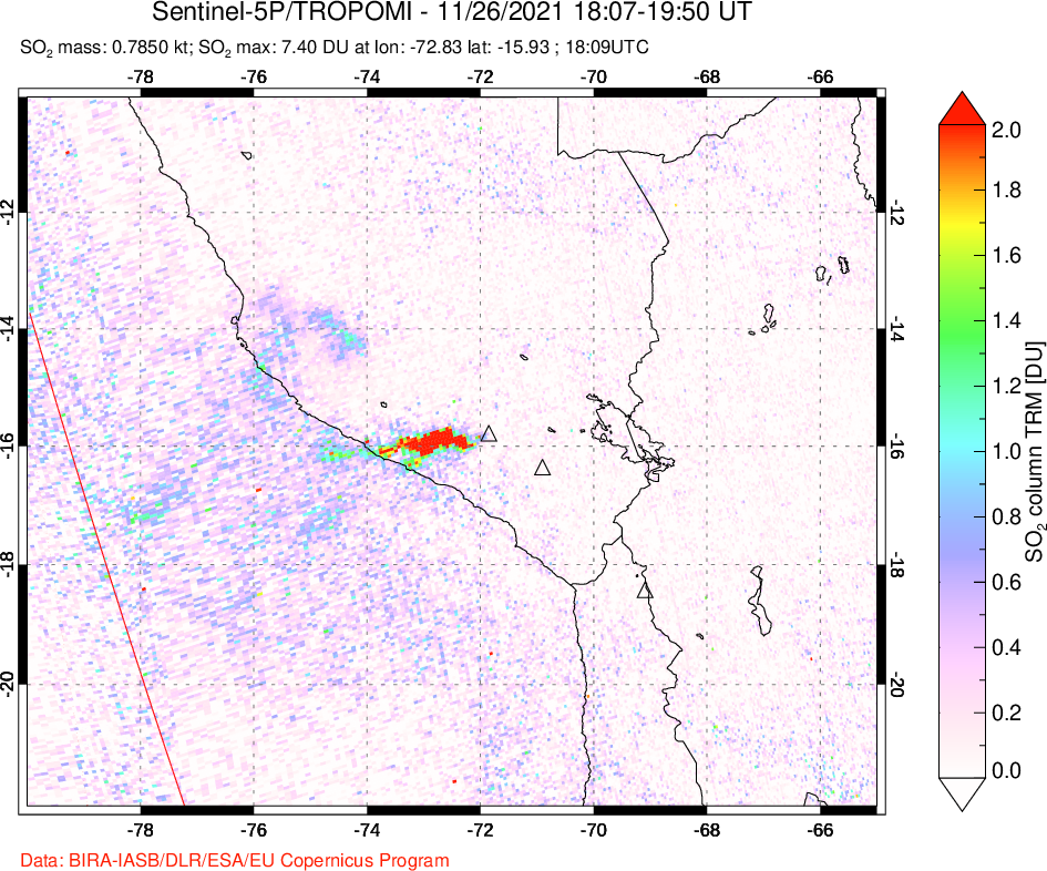 A sulfur dioxide image over Peru on Nov 26, 2021.