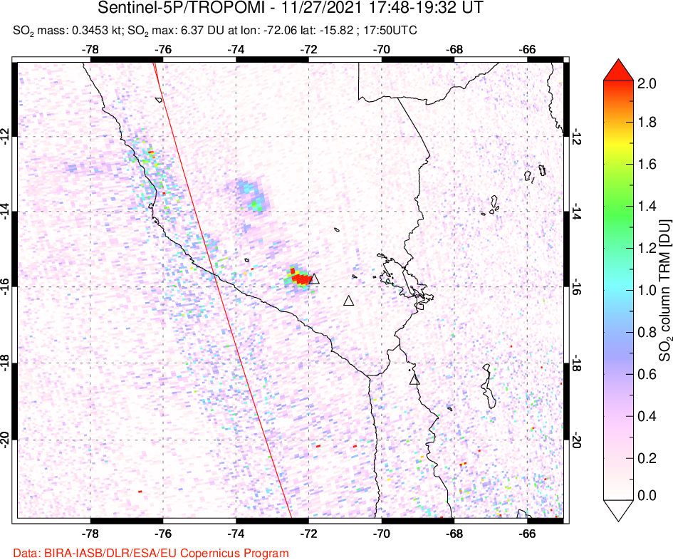 A sulfur dioxide image over Peru on Nov 27, 2021.