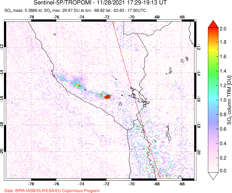 A sulfur dioxide image over Peru on Nov 28, 2021.