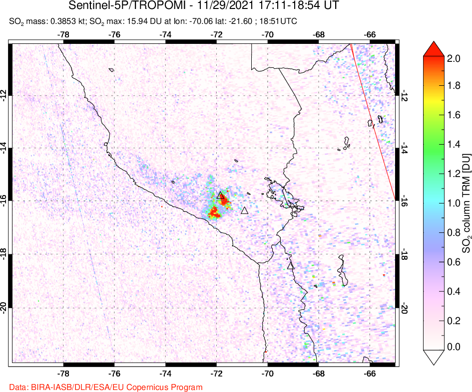 A sulfur dioxide image over Peru on Nov 29, 2021.
