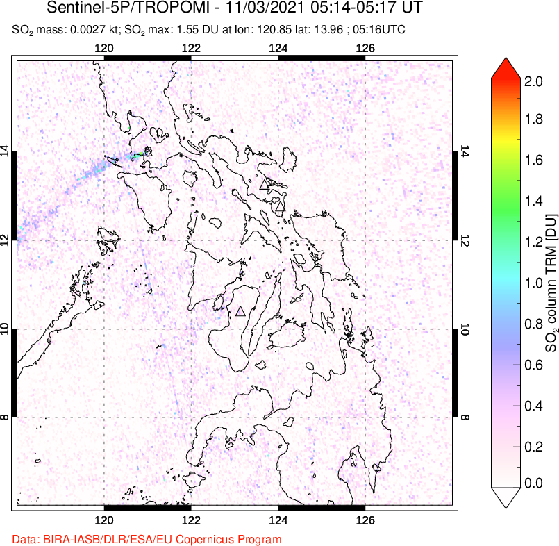 A sulfur dioxide image over Philippines on Nov 03, 2021.