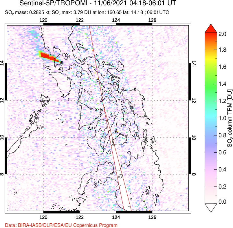 A sulfur dioxide image over Philippines on Nov 06, 2021.