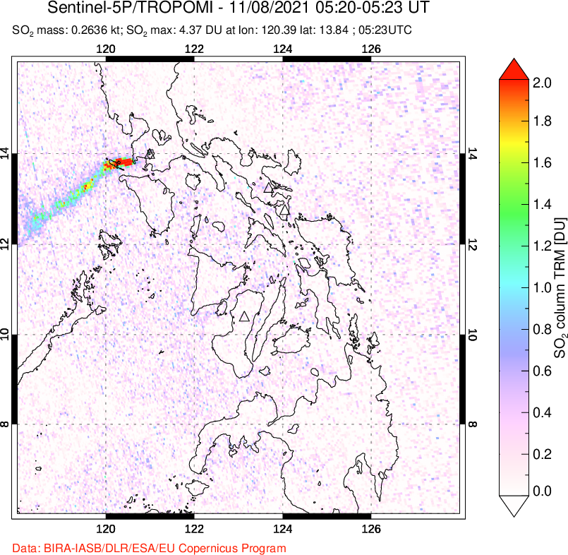 A sulfur dioxide image over Philippines on Nov 08, 2021.
