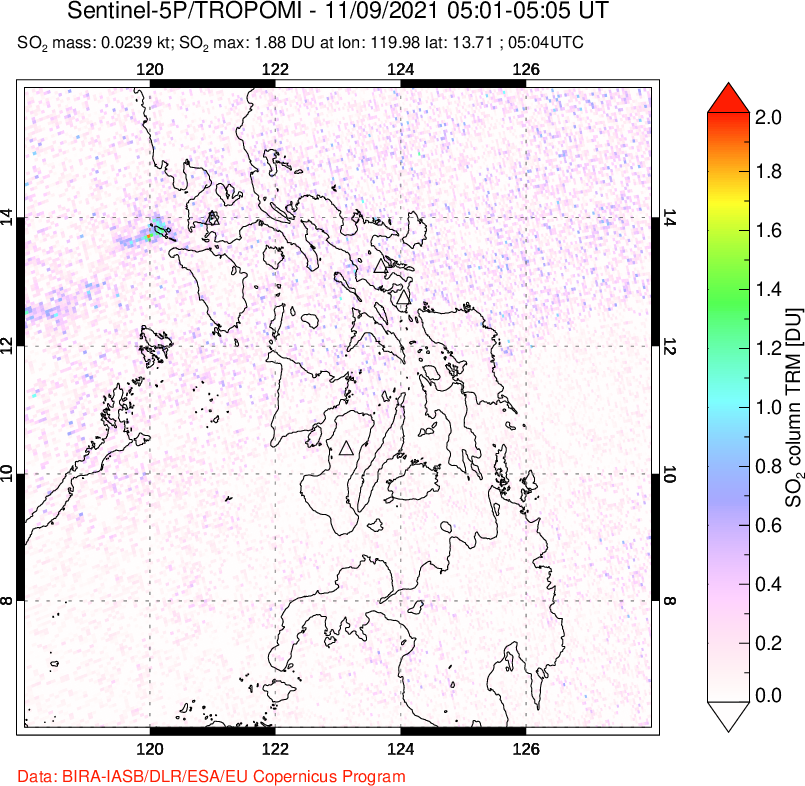 A sulfur dioxide image over Philippines on Nov 09, 2021.
