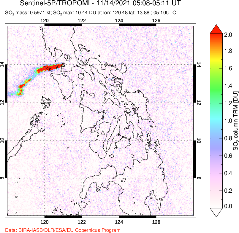 A sulfur dioxide image over Philippines on Nov 14, 2021.