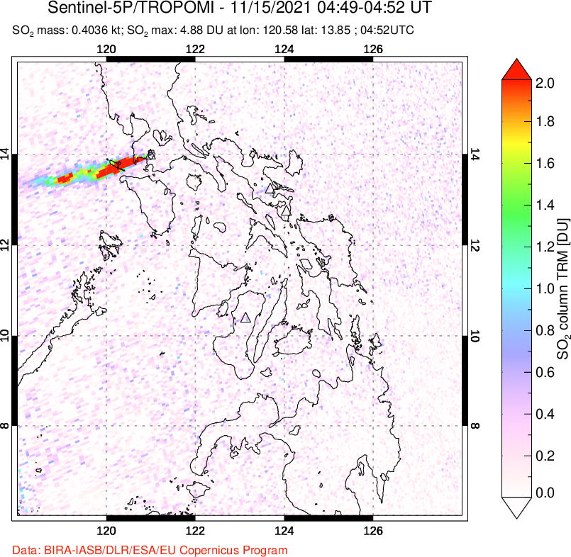 A sulfur dioxide image over Philippines on Nov 15, 2021.