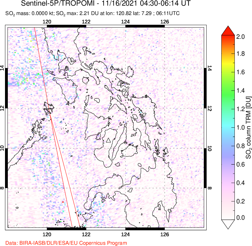 A sulfur dioxide image over Philippines on Nov 16, 2021.