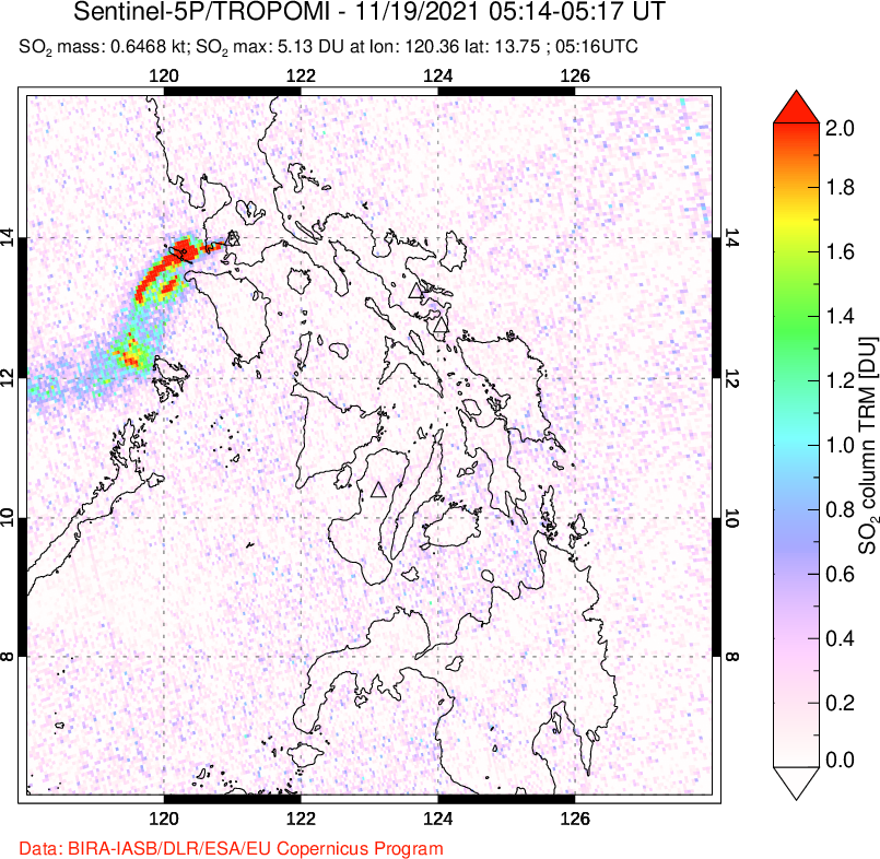 A sulfur dioxide image over Philippines on Nov 19, 2021.