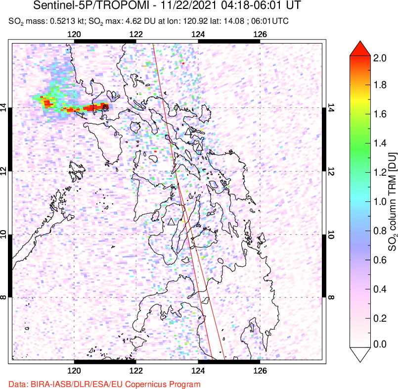 A sulfur dioxide image over Philippines on Nov 22, 2021.