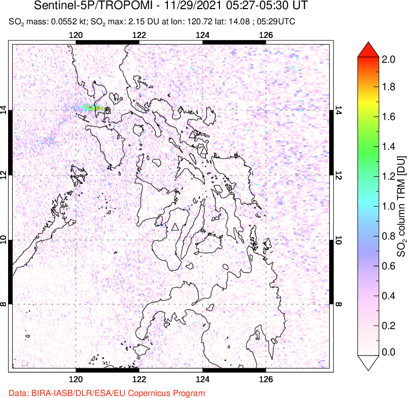 A sulfur dioxide image over Philippines on Nov 29, 2021.