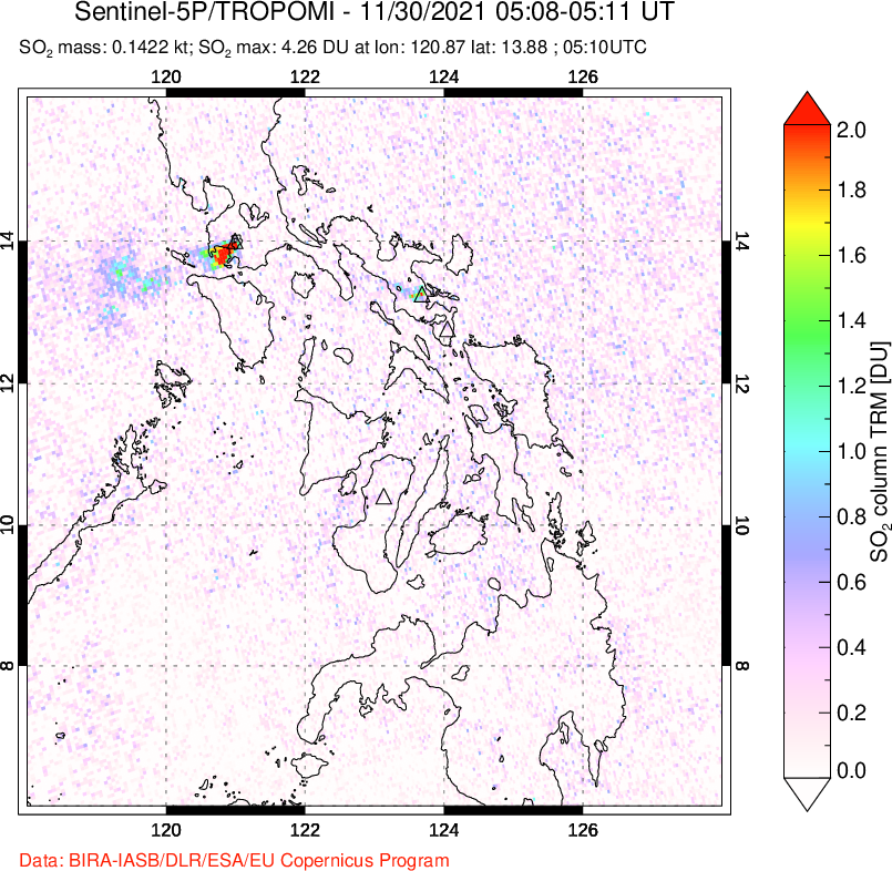 A sulfur dioxide image over Philippines on Nov 30, 2021.