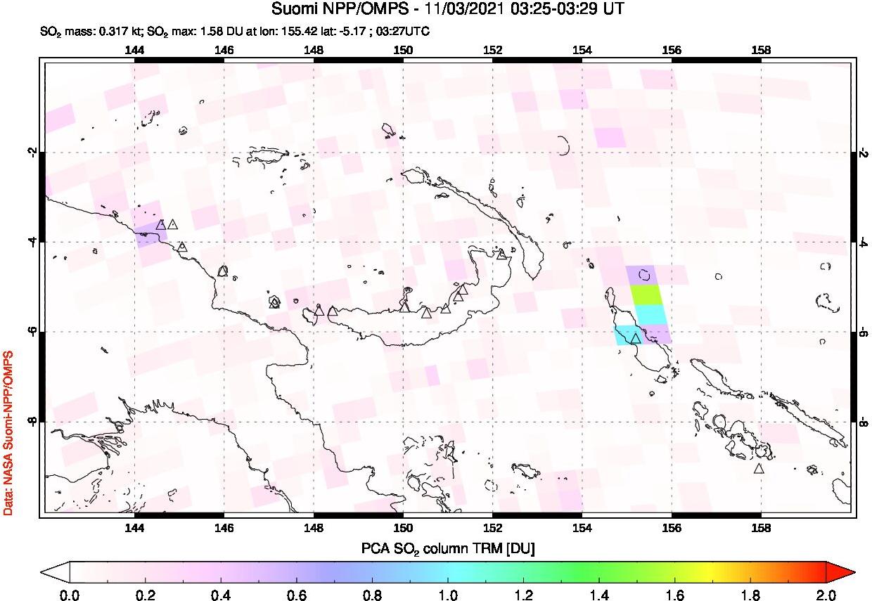 A sulfur dioxide image over Papua, New Guinea on Nov 03, 2021.