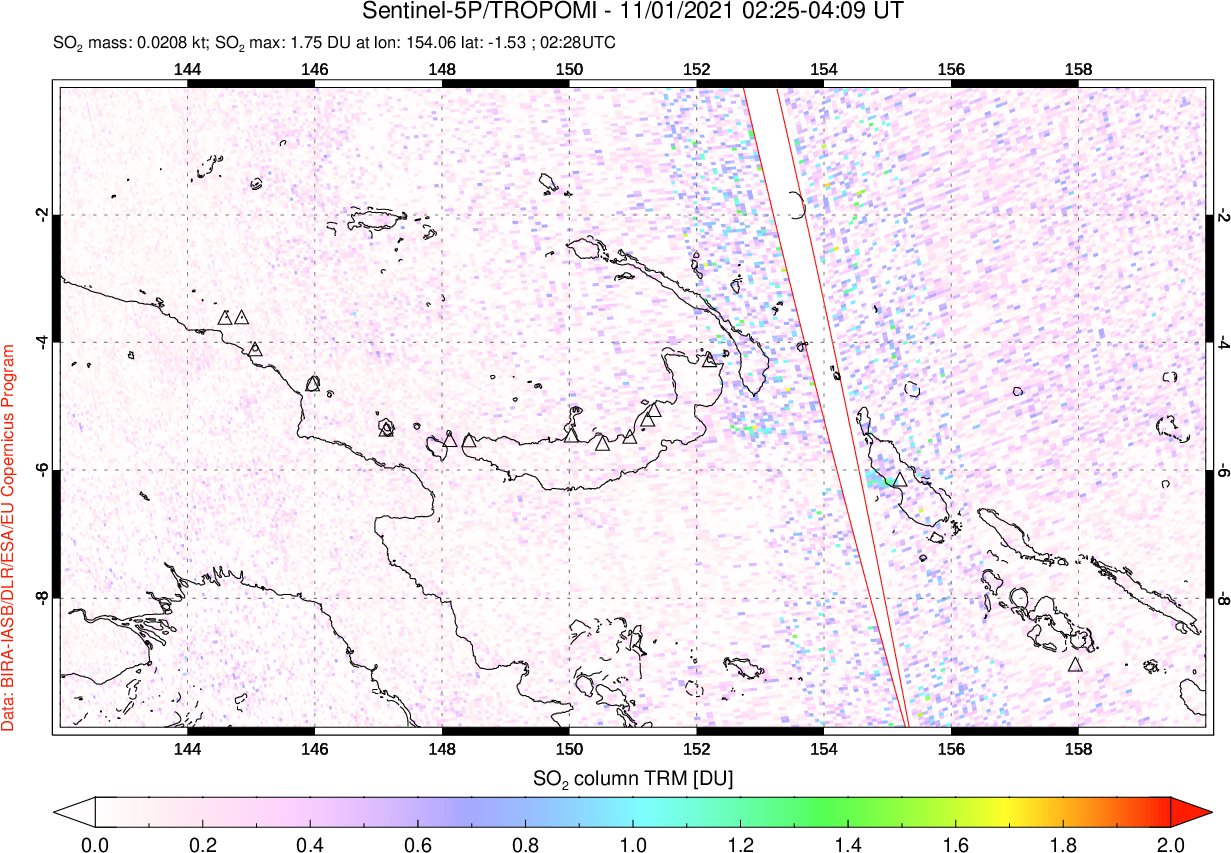 A sulfur dioxide image over Papua, New Guinea on Nov 01, 2021.