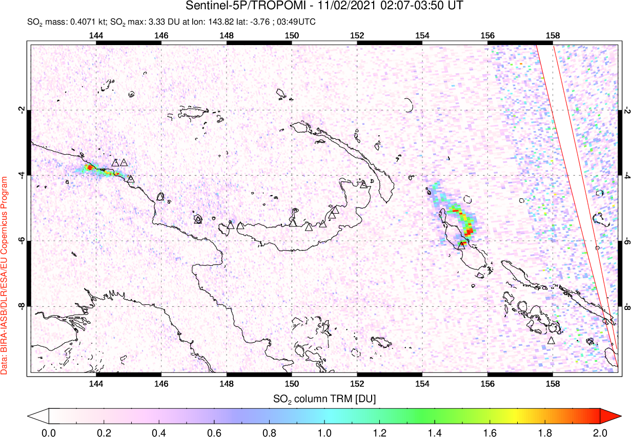 A sulfur dioxide image over Papua, New Guinea on Nov 02, 2021.