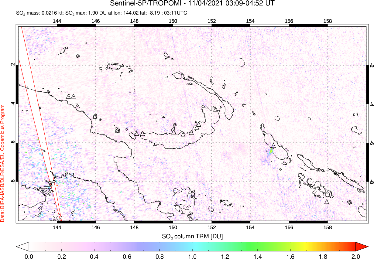 A sulfur dioxide image over Papua, New Guinea on Nov 04, 2021.