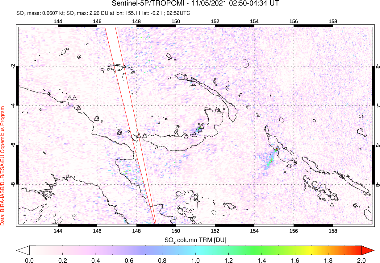 A sulfur dioxide image over Papua, New Guinea on Nov 05, 2021.