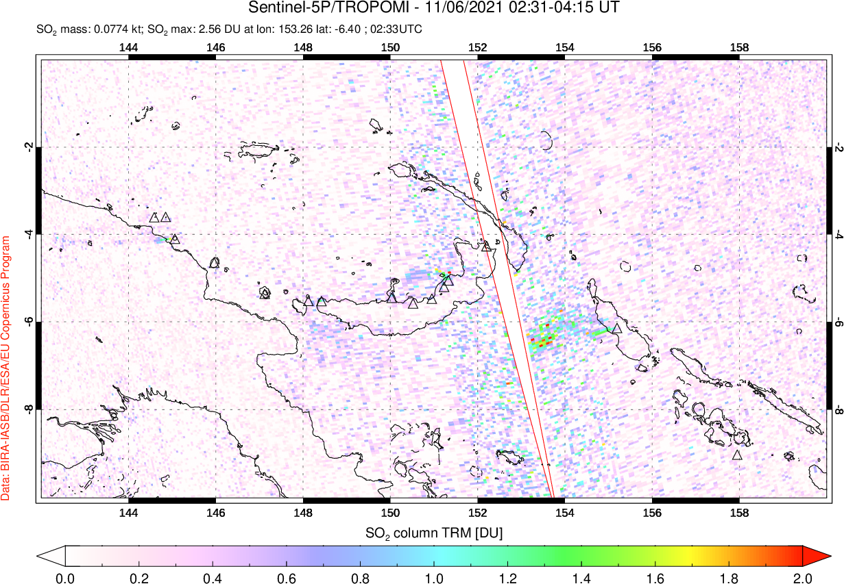 A sulfur dioxide image over Papua, New Guinea on Nov 06, 2021.