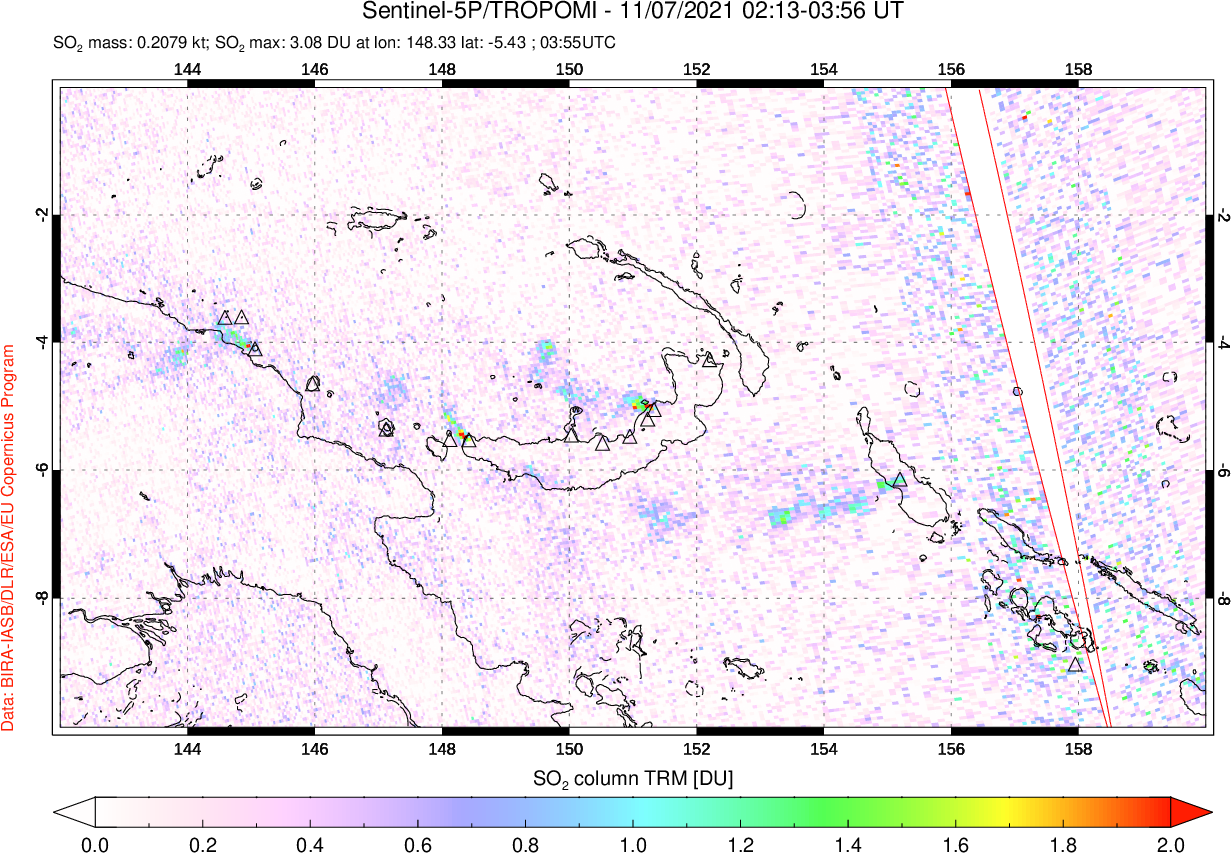 A sulfur dioxide image over Papua, New Guinea on Nov 07, 2021.